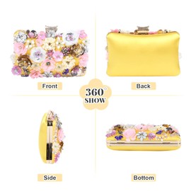 Fecialy Women's Floral Evening Handbags Colorful Rhinestone Clutch Purses Floral Bride Wedding Handbag Chain Shoulder Bag, Yellow, Small