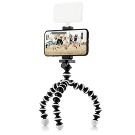 MOJGOEAR Flexible tripod with extra flexible legs — For Smartphone/compact camera/action cam — Up to 25 cm high — with holder for smartphones up to 9.5 cm wide — Black/White