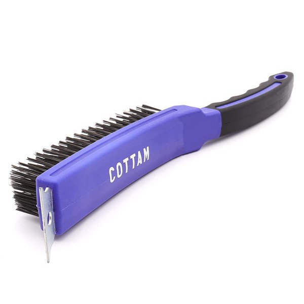 COTTAM Heavy Duty (6 Row) Steel Wire Scratch Brush with Scraper - for Surface Preparation & Removal of Rust, Paint, Coatings, & Debris