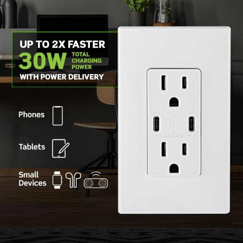 Leviton 15 Amp USB Type C In Wall Charger with