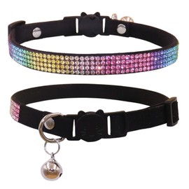 THAIN Bling cat kitten collar Rainbow Rhinestone breakaway diamond with bell Soft velvet quick release (Black)