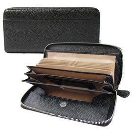 ABADNE Women's Long Wallet, Coin Purse, Genuine Leather, Cowhide Leather, Large Capacity, Card Slots, Black