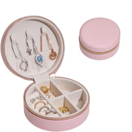 Pink Color Small Travel Luxury Jewelry Organizer Case Box Premium PU Leather Exterior and Velvet Interior Jewelry Purse for Rings Earrings Necklaces Jewelry Gift Box for Women for Gilrs for Kids