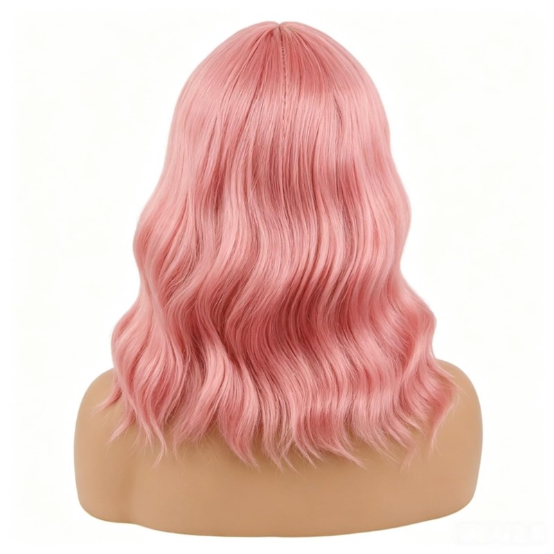 Pink Wig with Bangs 14 Inch Synthetic Wavy Bob Wig