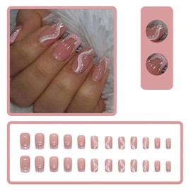 ROFIBUT Pink French Tip Press on Nails Medium Square Fake Nails Pink White Ripple Silver Glitter Glue on Nails Glossy Pink Tip Stick on Nails Reusable Coffin Acrylic Nails for Women Girls 24Pcs