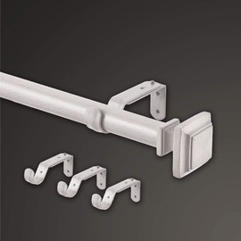 MODE Farmhouse Collection 1 1/8" Diameter Curtain Rod Set with Cottage Square Curtain Rod Finials and Steel Wall Mounted Adjustable Curtain Rod, Fits 144” to 240” Windows, Weathered White