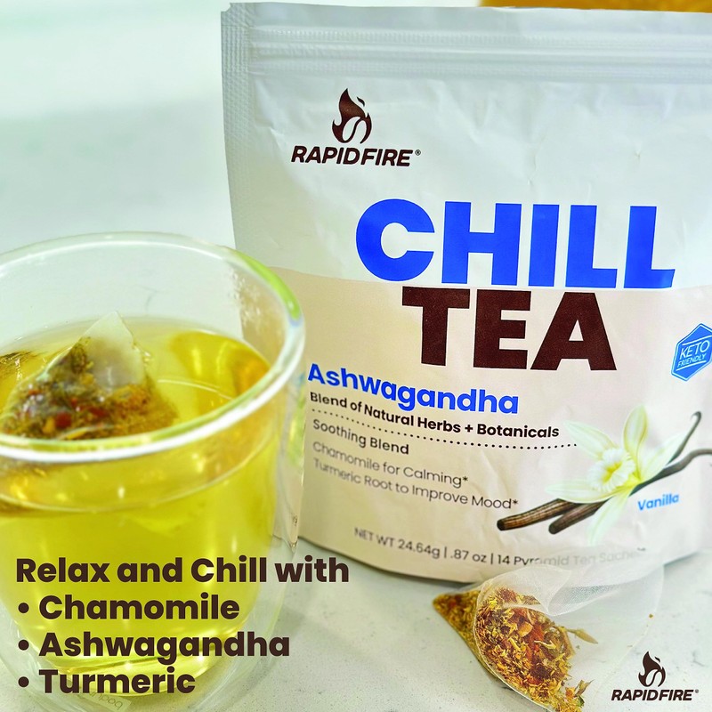 Chill Tea, Soothing Blend, Promotes Relaxation, with Ashwagandha, Chamomile, Turmeric,