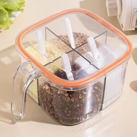 4 Compartments Seasoning Box with Cover and 4 Serving Spoons, Transparent Spice Pot Clear Seasoning Storage Box Container Kitchen Condiment Jars for Kitchen Salt Pepper Sugar