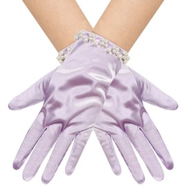 Naibyuki Women's Pearl Short Satin Gloves Wrist Length Opera Tea Party Gloves for Wedding Bridal Banquet Costume Lavender