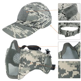 Yzpacc Airsoft Half Face Mask and Patch Hat Set Steel Mesh Mask with Ear Protection and Baseball Cap Tactical Protective Mask for CS Game BB Gun Paintball Hunting Shooting