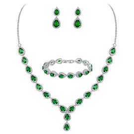 BriLove Wedding Bridal Necklace Bracelet Earrings Jewelry Set for Women Teardrop Y-Necklace Tennis Bracelet Dangle Earrings Set May Birthstone Emerald Color CZ Silver-Tone