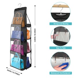 LAEYI 3 Pcs Foldable Hanging Purse Organizer with 8 Pockets and Metal Hooks - Dust Proof - 41L x 13.5W (2 Black, 1 Gray)