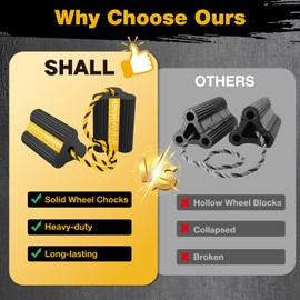 SHALL Wheel Chocks, Heavy Duty Rubber Wheel Chocks with 3 Reflective Strips, Solid Block Stopper for RV Trailer Camper Truck Car Aircraft, 2 Pair/4 Pack with Rope, Yellow