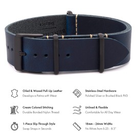 Benchmark Basics Leather Watch Band - Crazy Horse Oiled Leather One-Piece Watch Straps for Men & Women - Choice of Color & Width - 18mm, 20mm, 22mm or 24mm (24mm, Navy Blue PVD)