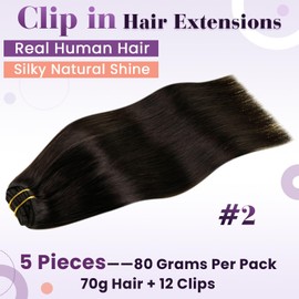 LaaVoo Clip in Hair Extensions Real Human Hair 5pcs 80g 20 inch Darkest Brown Hair Extensions Clip in Remy Human Hair Extensions Clip in Real Hair #2