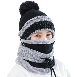 3 in 1 Warm Thick Knitted Beanie Hat Scarf and Mask Set Slouchy Snow Knit Cap Infinity Scarves for Women (Black)