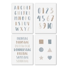 LAVEMA Bilder Kinderzimmer Junge | Poster Zahlen Buchstaben ABC Formen | Poster A4 ohne Bilderrahmen Deko Bilder Lernen Babyzimmer Jungs Blau Grau Lernposter Alphabet Vorschule Bildungsplakate Kinder