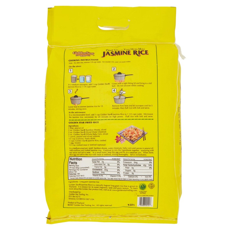 Golden Star Jasmine Rice 20 lb Prime Grade Thai Hom