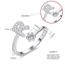 CRYSLOVE Women’s / Girls’ Letter Ring - 925 Sterling Silver - Open & Adjustable Initial Ring - A-Z Alphabet Rings with Gift Box, Silver, R