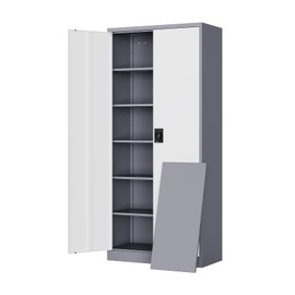 Yizosh Metal Garage Storage Cabinet with Lock, 71" Locking Tool Cabinet with 2 Doors and 5 Shelves, Tall Steel Cabinet for Garage, Heavy Duty File Cabinet for Office, School (Gray White)