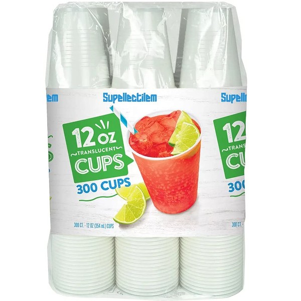Supellectilem 12 oz Plastic Cups Disposable - 300 Value Pack | Clear Translucent Disposable Cold Plastic Cups | Premium Quality Shatter Resistant Party Water Cups