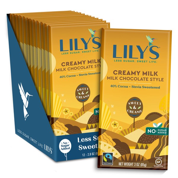 Creamy Milk Chocolate Bar by Lily's | Stevia Sweetened, No Added Sugar, Low-Carb, Keto Friendly | 40% Cocoa | Fair Trade, Gluten-Free & Non-GMO | 3 ounce, 12-Pack