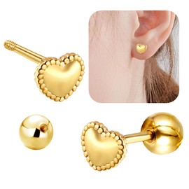 Gold Heart Cartilage Earring, WGXIA Gold Minimalist Heart Earrings for Women 4mm Screw Back Ball Studs Mini Love Tiny Small Cartilage Hypoallergenic Jewelry Birthday Valentines Day Gifts