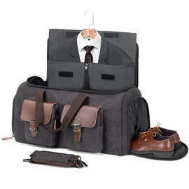 Canvas Garment Bags for Travel, Convertible Carry On Garment Duffel Bag for Men Women, 2 in 1 Suit Bag Hanging Suitcase Business Travel Bag with Shoe Compartment (Grey, L)