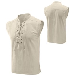 Men's Cotton Linen Tank Top Shirt Pirate Renaissance Costume Sleeveless Lace Up Vest Medieval Gothic Viking Tee Tunic (XL, Off-white)