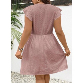 Eytino Plus Size Dresses for Curvy Women Ruffle Cap Sleeve Lace V Neck Swing A Line Mini Short Dress,1X Pink