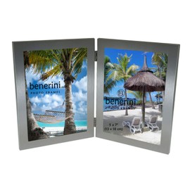 benerini 2 Picture - 5 x 7 inches Brushed Aluminium Silver Colour Vertical Double Folding Photo Frame Gift - Takes 2 Photos of 5 x 7 inches (13 x 18 cm) - Portrait Style