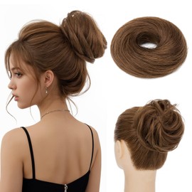 MY-LADY Natural Wavy Human Hair Bun Messy Buns Hair Pieces for Women Hair Buns with Elastic Band Updo Real Hair Ponytail Extension Medium Brown
