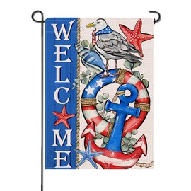 Artofy Welcome 4th of July Patriotic Small Decorative Garden Flag, America Nautical Anchor Swim Ring Seagull Yard Lawn Outside Decor, American USA Starfish Outdoor Home Decoration Double Sided 12 x 18