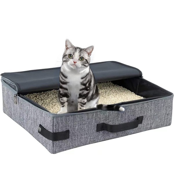 Portable Cat Travel Litter Box with Zipped Lid and Handle,