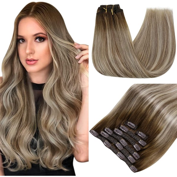 RUNATURE Clip-In Real Hair Extensions, Balayage Ombre Dark Brown to Brown with Blonde Clip-In Extensions, 40 cm, 120 g #3/8/22