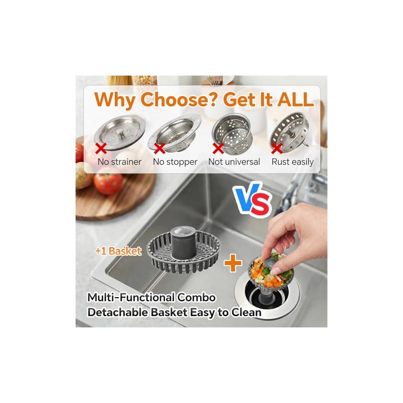 Solid Brass Body 3-in-1 Kitchen Sink Drain Strainer & Stopper,