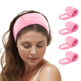 TopTie 4PCS Spa Facial Headband Skincare Makeup Head Wrap Adjustable Terry Cloth Head Band for Washing Face (Pink)