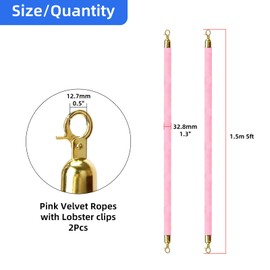 Mostantu 2 Pack Velvet Stanchion Rope, 5FT Crowd Control Safety Barriers with Polished Gold Lobster Hooks for Movie Theater, Queue Barrier, Grand Openings, Celebration, Carpet Event (Pink)