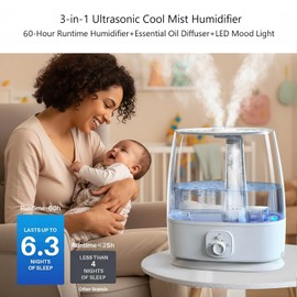 6L Cool Mist Humidifier for Baby, Nursery & Large Room, 3-in-1 Top Fill Ultrasonic Air Humidifier, 60H Runtime, ≤28dB Quiet, Auto Shut-Off, Adjustable Mist & Night Light for Plants, Bedroom, Office