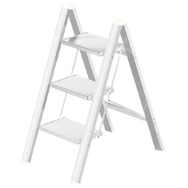 Aluminium 3 Step Ladder Folding Stool-330lb Capacity Ladders with Anti-Slip Wide Pedal,Lightweight Ladder,Portable Multi-use Scene for Home/Kitchen/Office/Garden/Yard (White New, 3 Step)