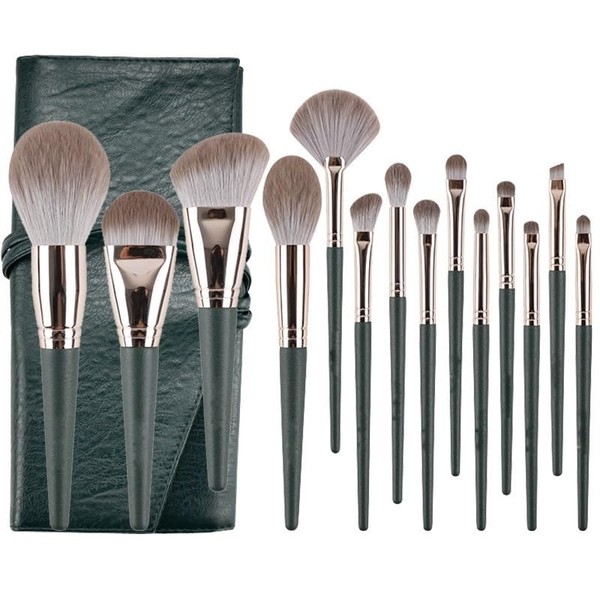 14Pcs Makeup Brushes Set Green Large Fluffy Soft Eye Shadow