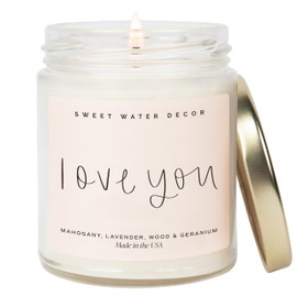 Sweet Water Decor Sweet Water Decor Love You Scented Candles - Soy Candles with Fresh Lavender, Geranium, Warm Mahogany and Earthy Teakwood - Candle Wax with 40 Hours Burn Time - 9Oz Gold Lid Clear Jar Wax Candle