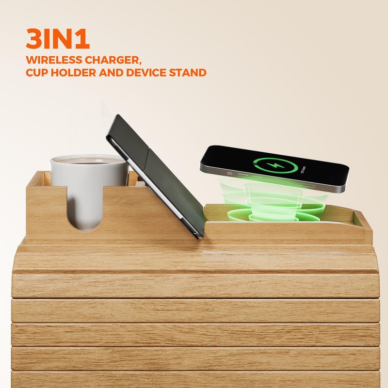 Croon Bamboo Sofa Arm Tray with Wireless Charger for Mobiles,