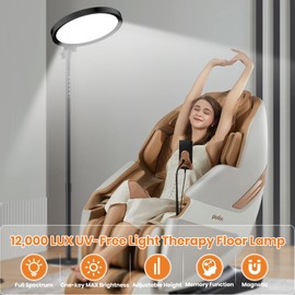 RICIAL Sun Lamp, 12000 Lux UV-Free Sunlight Lamp with Adjustable 5 Brightness, 1H Timer & 180cm Height, 1600-6500K Color Temperatures, 2 in 1 Retractable Floor Happy Therapy Sun Lamp