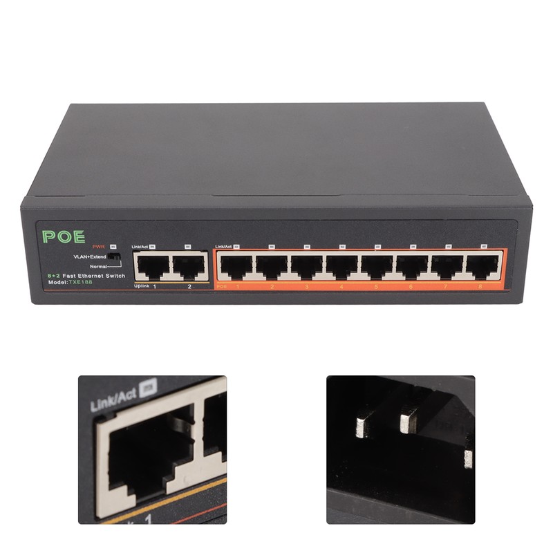 PoE Switch 8 Ports 10/100Mbps 90W RJ45 Adaptive Port LED