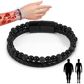 Natural Agate Stone Leather Beaded Bracelet Natural Stone Beaded Bracelets Help Body Metabolism Black Volcanic Stone Leather Bracelets for Men Woman with Magnetic Buckle