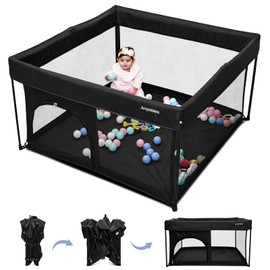 ANGELBLISS 50x50 Foldable Baby Playpen with Carrying Bag & Safety Lock - ASTM F406 Certified Baby Fence for Indoor/Outdoor, Lightweight Portable Play Yard with Breathable Mesh (Black)