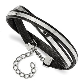 Stainless Steel Italian Leather 14.5in 2in Extension Wrap Bracelet