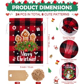24Pcs Burlap Christmas Drawstring Bags, 5x7in Buffalo Plaid Xmas Gift Bags w/Tag Xmas Candy Bags Small Christmas Linen Treat Bags Goody Gift Bags Reusable Gift Wrapping Bags Holiday Party Favors Sack