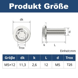 Pack of 20 M5 x 12 mm Rounded Head Screws with Flange Torx Drive Stainless Steel A2 V2A Screws Full Thread with Torx Key